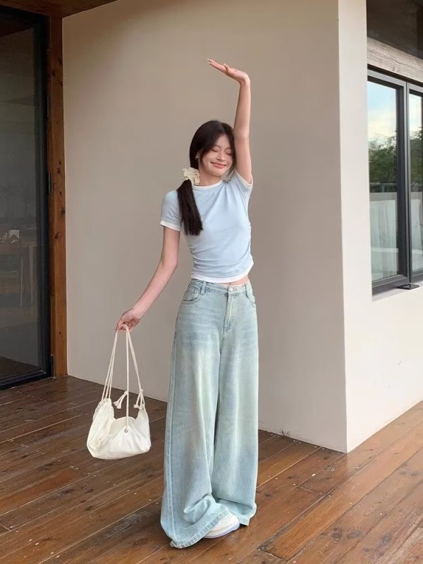 Retro Blue Loose-fitting Wide Leg Mopping Jeans - Image 5