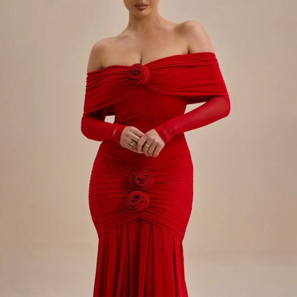 Fashion Off-shoulder Pleated Dress Flower Dress - Image 2