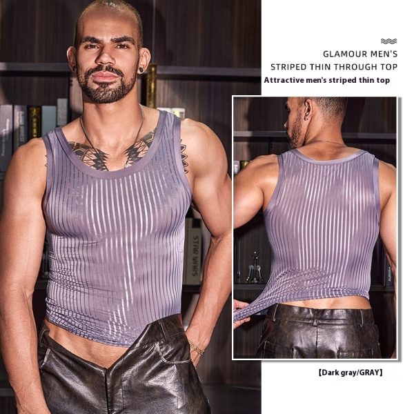 New Men's Cross-strap Vest Striped Thin Transparent High Elastic Skin-friendly Top - Image 8
