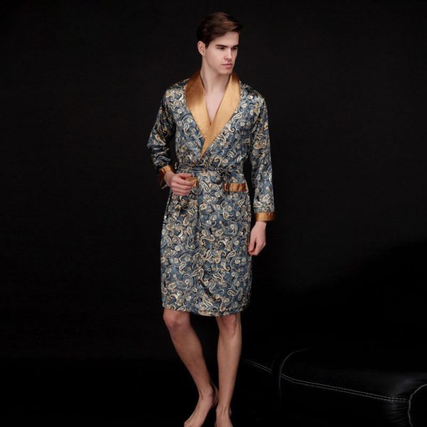 Men's Summer Long Ice Silk Pajamas Nightgown - Image 5