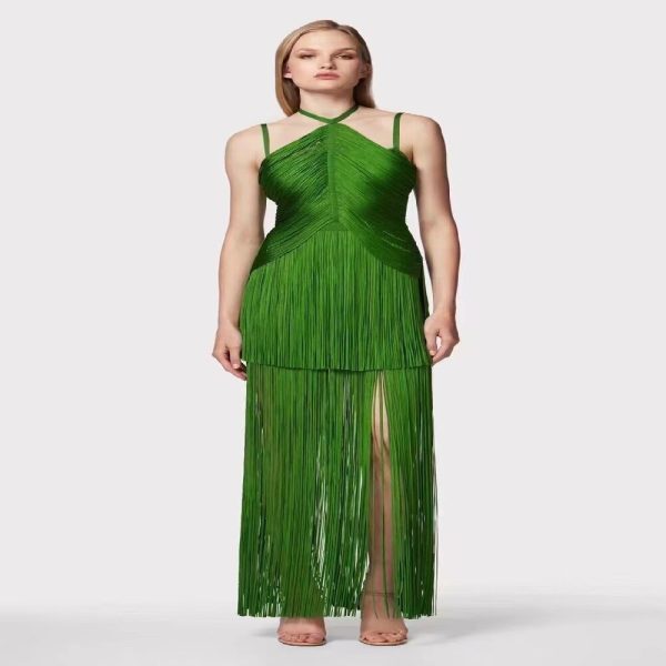 Green Halter Spaghetti Straps Tassel Dinner Ball Dress - Image 2