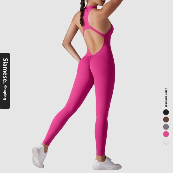 Solid Color Nude Feel High Strength Tight Sports Back Shaping Long Jumpsuit - Image 8