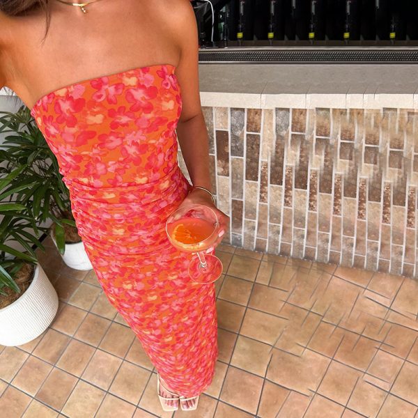 Pleated Mesh Floral Print Tube Top Dress Sleeveless Women's Clothing - Image 2