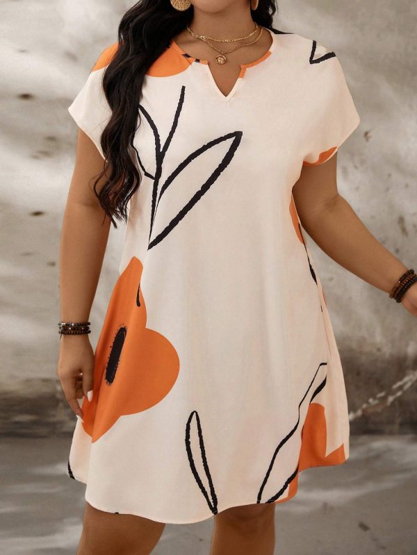 Plus Size Floral Print Notch Neck Batwing Sleeve Summer Dress - Image 2