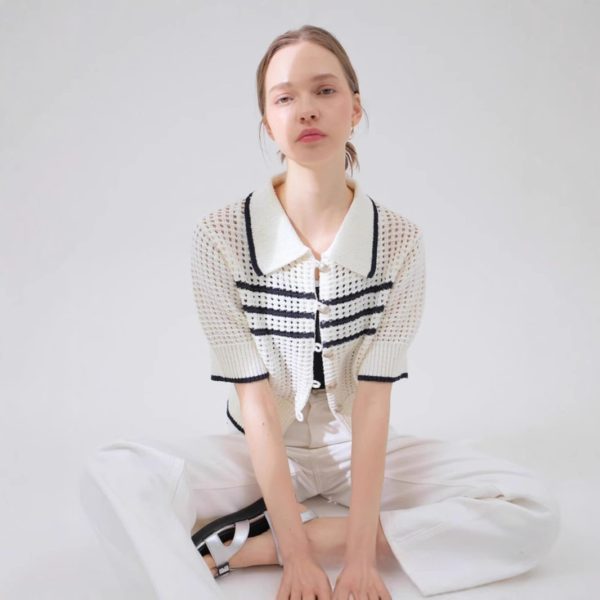 Cardigan Short Sleeve Fit Lapel Fashion Striped Colors - Image 2