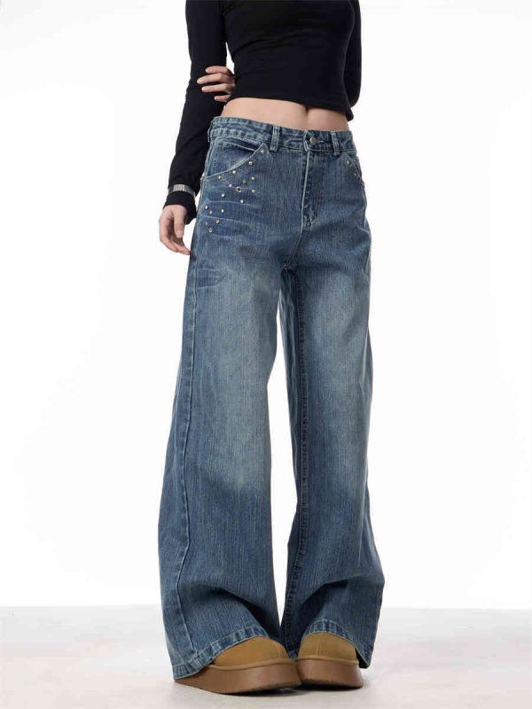 Women's Rivet High Waist Wide Leg Jeans Baggy Straight Trousers - Image 3