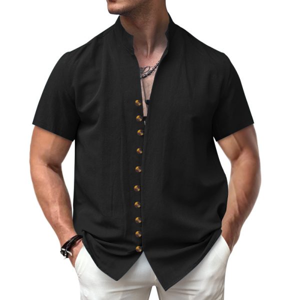 Linen Button Stand Collar Short Sleeve Shirt - Image 5