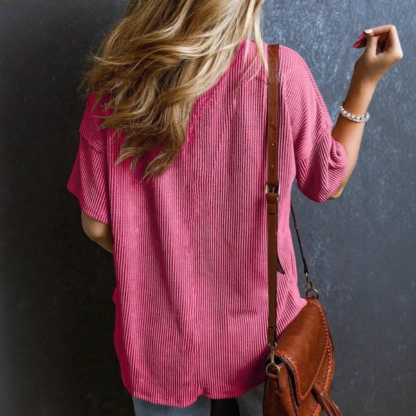 Fashionable Two-tone Pullover Short Sleeve V-neck Top For Women - Image 4