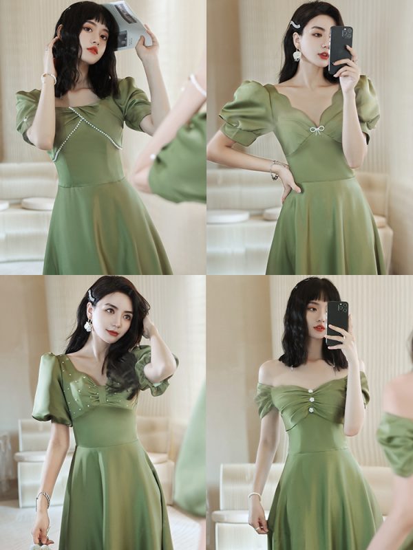 2024 Avocado Green Sisters Group Dress Skirt Women Satin Spring - Image 5