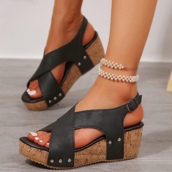 Women's Rivet Wedges Snadals Thick Bottom Fish Mouth Shoes Summer - Image 7