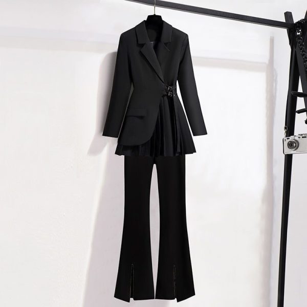 Lapel Design Pleated Skirt Black Suit Jacket For Women - Image 2