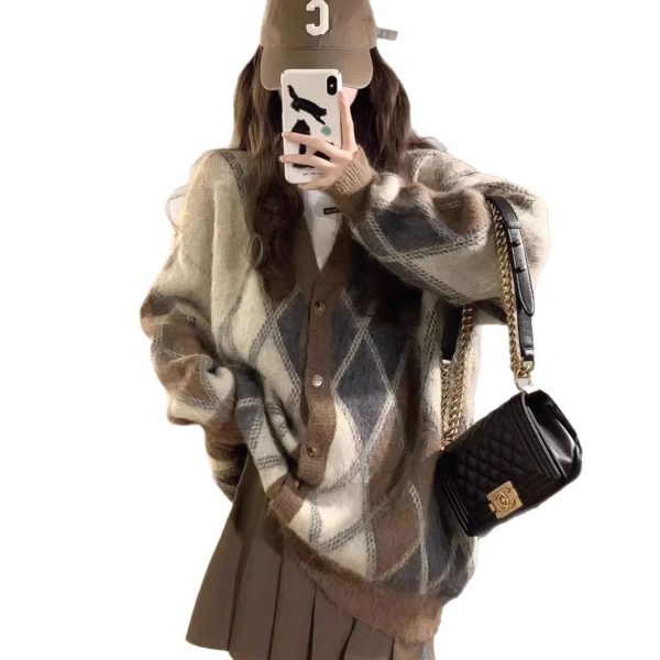 Diamond Plaid V-neck Knitted Cardigan Coat For Women - Image 5