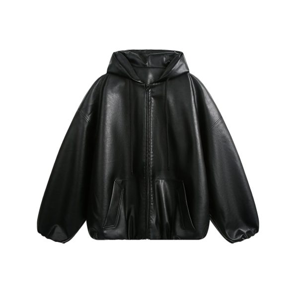 Men's American-style Retro Simple Hooded Leather Coat Jacket - Image 5