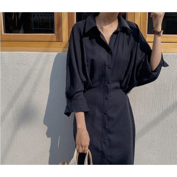 Loose Slimming Shirt Long Skirt Over The Knee French Retro Cotton Linen Dress - Image 5