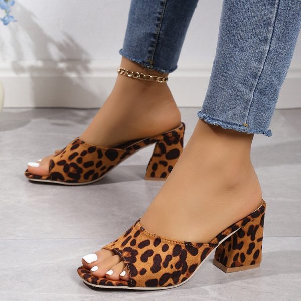 Leopard Square Toe Sandals Summer High-heeled Slippers Chunky Heel Shoes For Women - Image 4