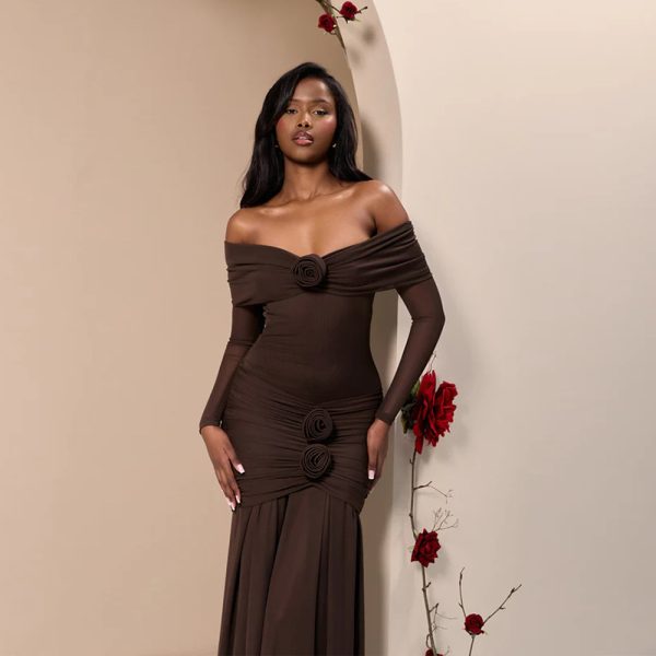 Fashion Off-shoulder Pleated Dress Flower Dress - Image 3