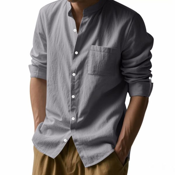 Long Sleeve Stand Collar Casual Men's Pocket Shirt - Image 3
