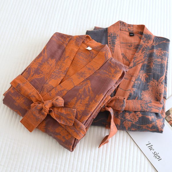 Couple Cotton Loose Bathrobe Lace Bathrobe Women's Double Jacquard Pajamas - Image 2