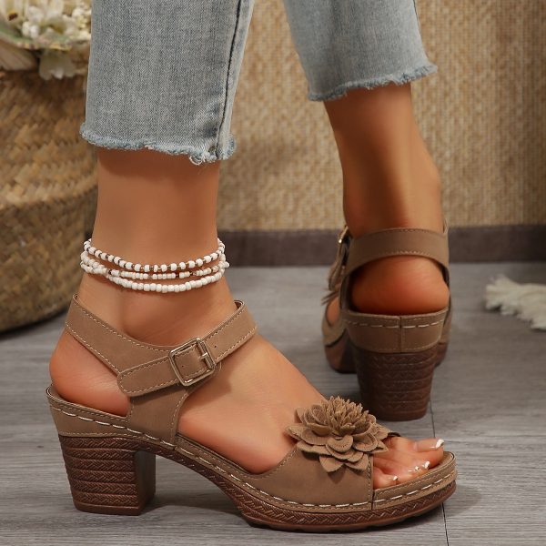 Women's Flowers Chunky Heel Sandals Summer Plus Size Platform Shoes - Image 5