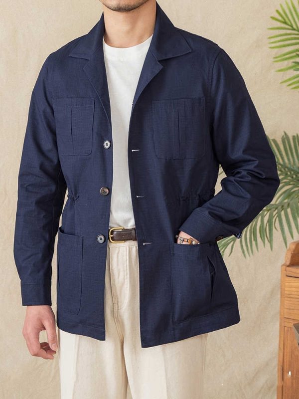 Casual Light Thin Cotton Drawstring Jacket Cuban Collar Plaid Coat - Image 3