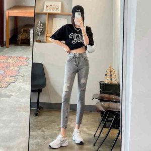 Women's Thin High Waist Ripped Light Gray Jeans