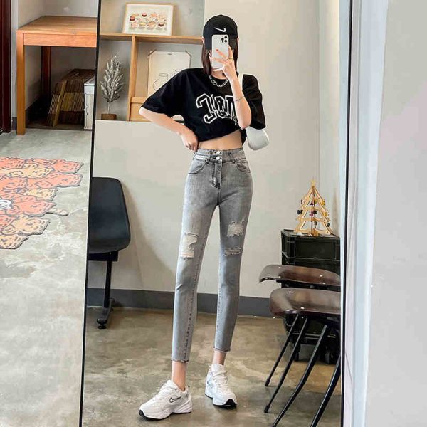 Women's Thin High Waist Ripped Light Gray Jeans
