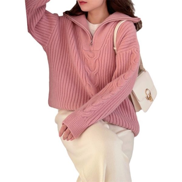 Half Zipper And Lapel Thick Sweater For Women Autumn And Winter - Image 5
