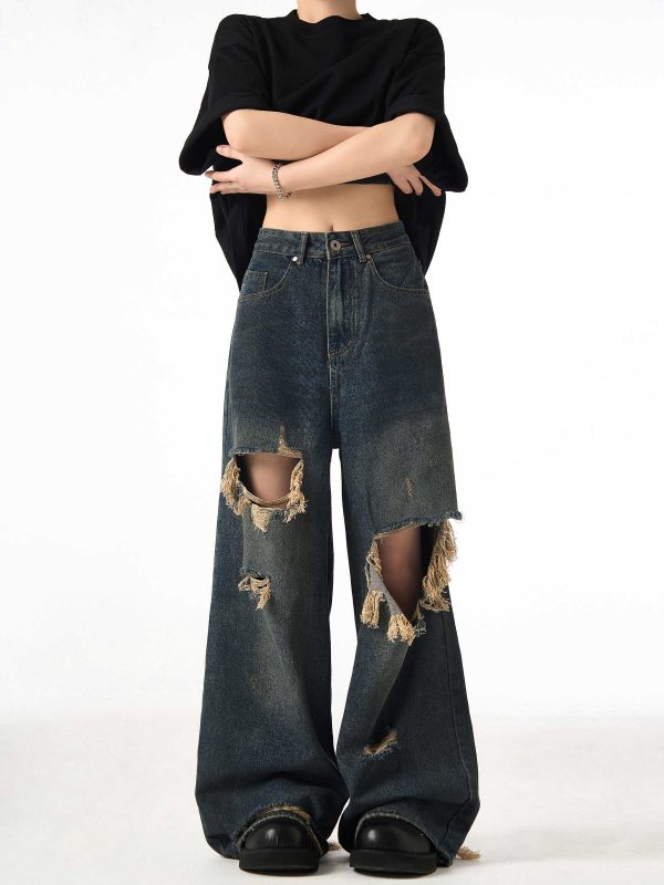 Couple Hole Worn Jeans Wide-leg Pants - Image 4