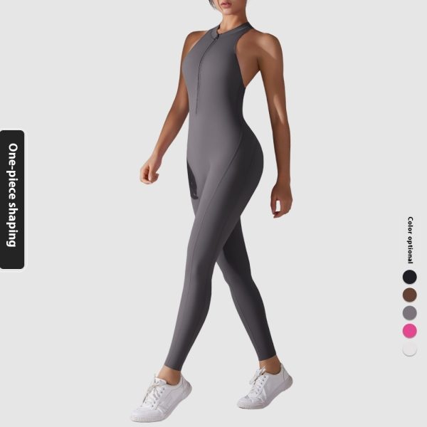 Solid Color Nude Feel High Strength Tight Sports Back Shaping Long Jumpsuit - Image 2