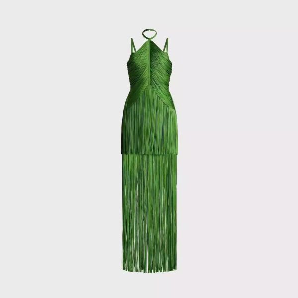 Green Halter Spaghetti Straps Tassel Dinner Ball Dress - Image 6