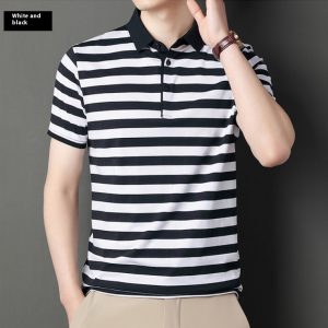 Summer Short-sleeved T-shirt Men's Cotton Ice Silk Polo Collar Stripes Youth Undershirt