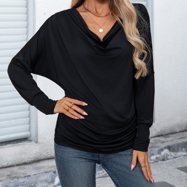 Women's Pile Collar Pleated Top Long Sleeved T-shirt - Image 5