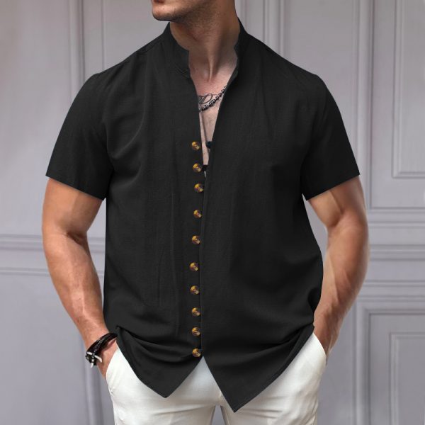 Linen Button Stand Collar Short Sleeve Shirt - Image 9