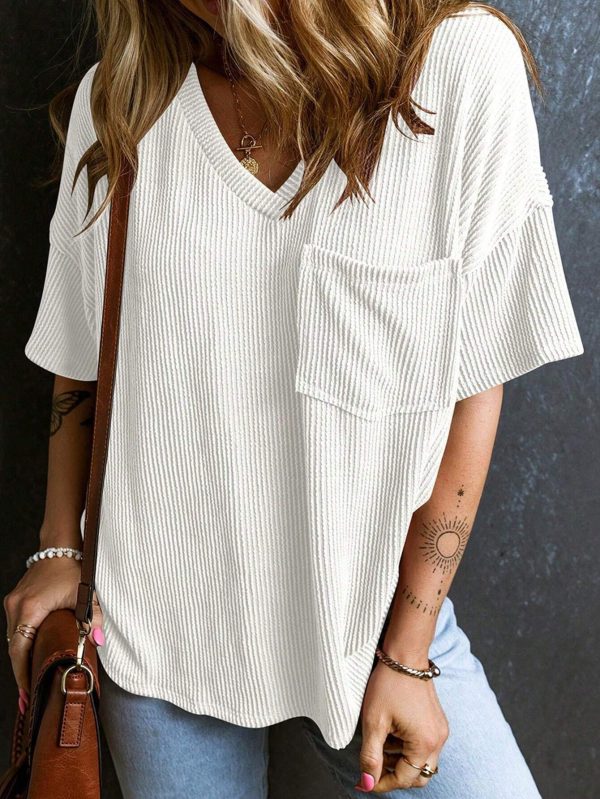 Fashionable Two-tone Pullover Short Sleeve V-neck Top For Women - Image 6