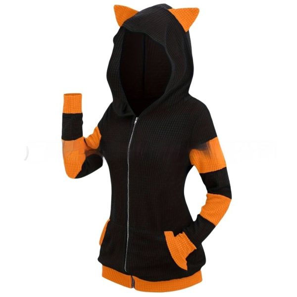 Women's Thickened Cat Ear Zipper Color Stitching Hoodie - Image 3