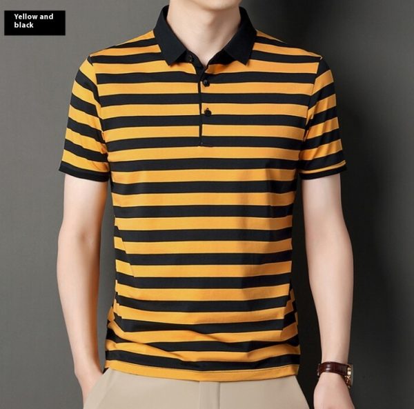 Summer Short-sleeved T-shirt Men's Cotton Ice Silk Polo Collar Stripes Youth Undershirt - Image 3