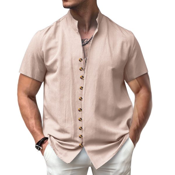 Linen Button Stand Collar Short Sleeve Shirt - Image 3
