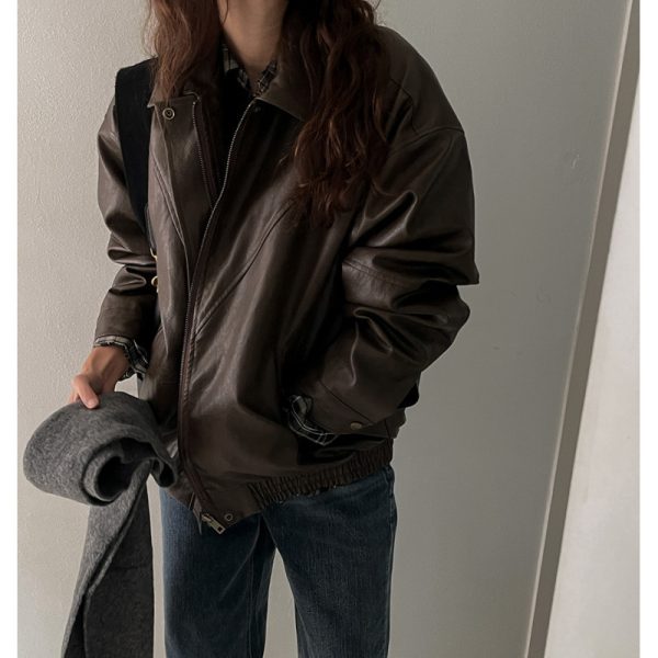 South Korea Chic Early Autumn Retro Handsome Motorcycle Leather Coat - Image 5