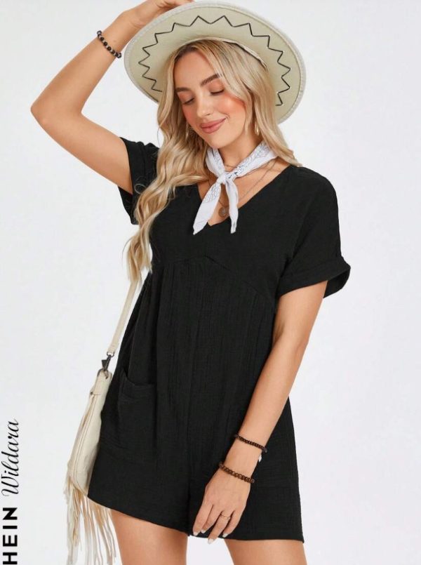Batwing Sleeve Pocket Patched Romper - Image 5