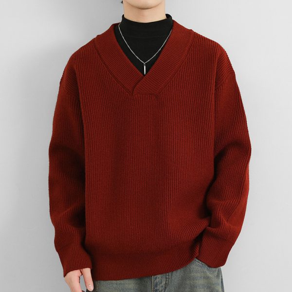 New V-neck Fashion Men's Solid Color Coarse Yarn Knitted Sweater - Image 4