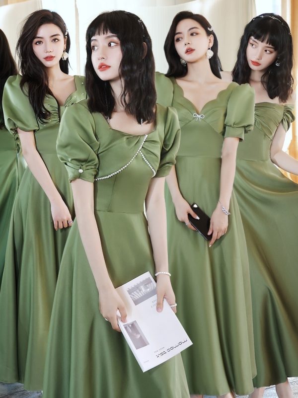2024 Avocado Green Sisters Group Dress Skirt Women Satin Spring - Image 3