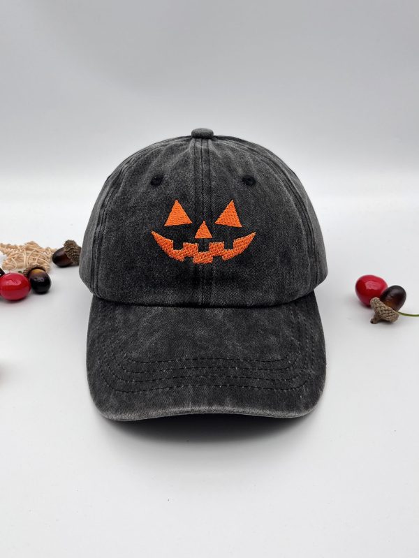 Washed Cotton Men's And Women's Casual Halloween Embroidery Pumpkin Smiley Baseball Cap - Image 6