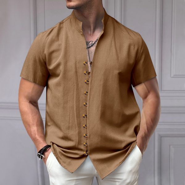 Linen Button Stand Collar Short Sleeve Shirt - Image 10
