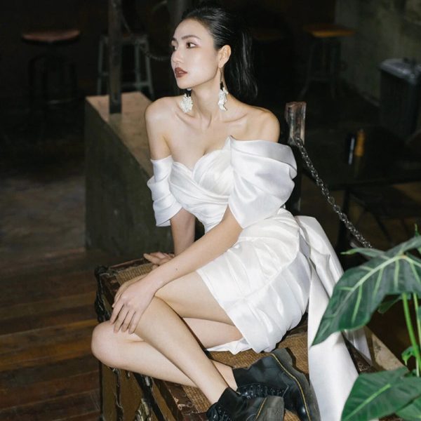 Short Model In White Color Engagement Dress - Image 4
