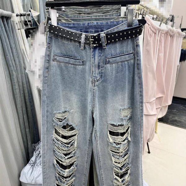 Blue With Holes Design Straight Jeans - Image 2