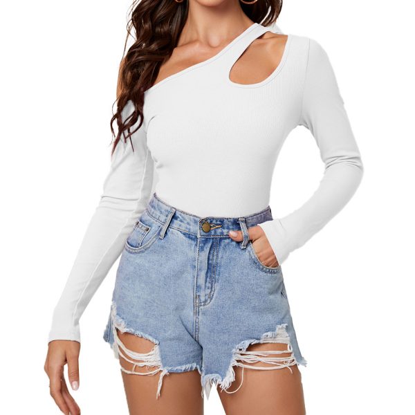 Women's Sloping Exposed Shoulder Long Sleeve Irregular Top - Image 6