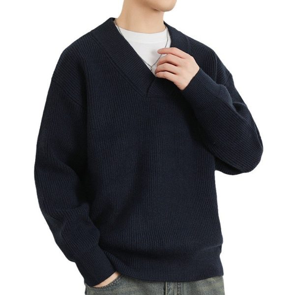 New V-neck Fashion Men's Solid Color Coarse Yarn Knitted Sweater - Image 5