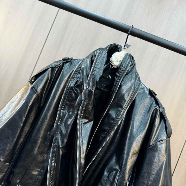 Cuffed Zipper Collar Button PU Leather Jacket Cotton Padded Jacket - Image 2