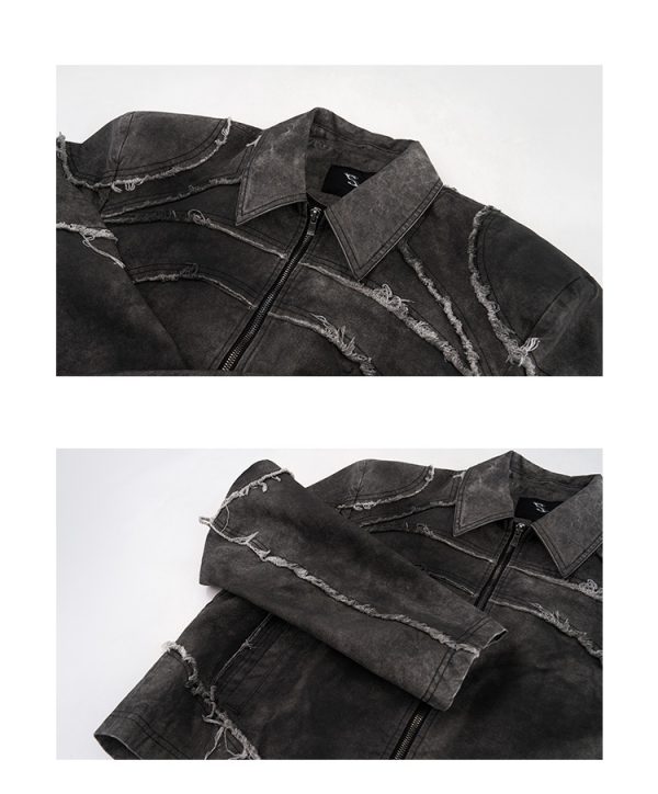 Short Gray Padded Shoulder Denim Coat - Image 5