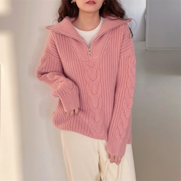 Half Zipper And Lapel Thick Sweater For Women Autumn And Winter - Image 3